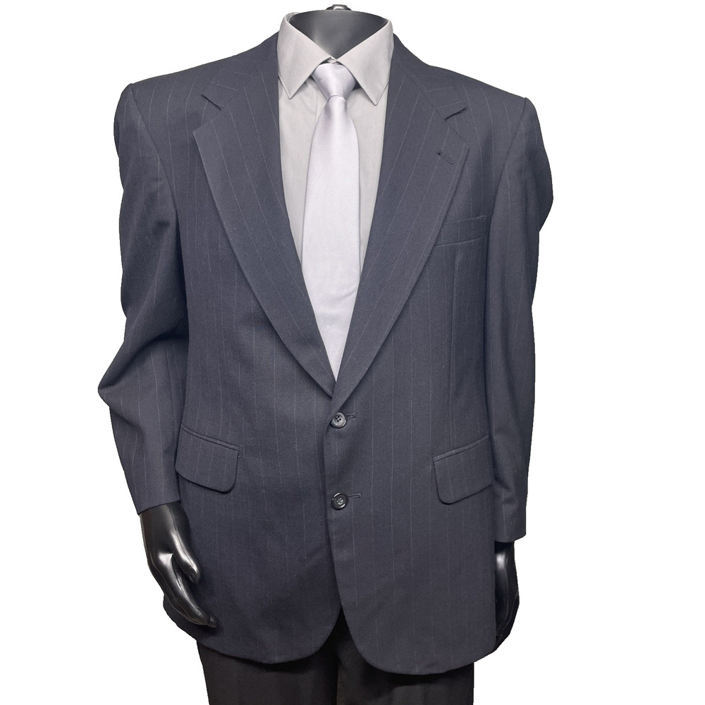 Vtg Evan Picone Men 42R Blazer Navy Wide Pinstripe Wool Sport Coat Jacket Preppy